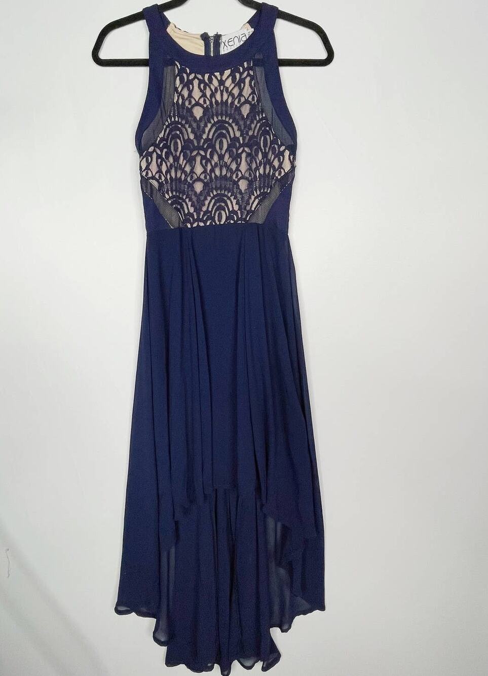New Xenia Boutique US 4 Navy Blue Illusion Lace High Low Dress Sleeveless